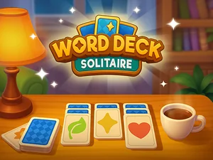 Word Deck Solitaire gameplay showing word and image cards arranged in columns, with themed groups, hidden cards, and a separate card deck on a green solitaire-style board.